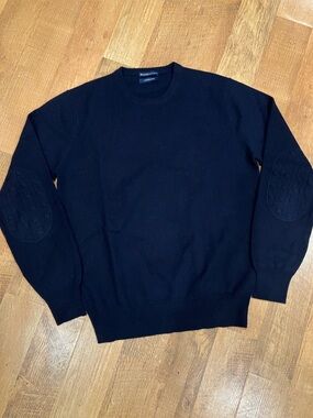 Boggi Navy Blue Wool Cashmere Blend Crewneck Sweater Quilted Elbow Patches S/M